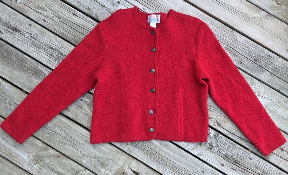 Classy Vintage TALLY-HO Womens Red Cardigan Sweater Jacket 100% Wool Size L